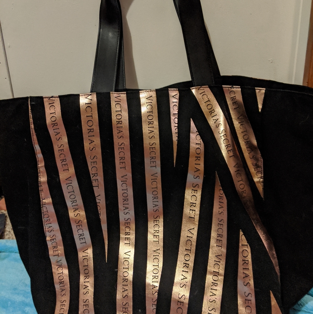 Victoria's Secret Black and Rose Gold Tote Bag